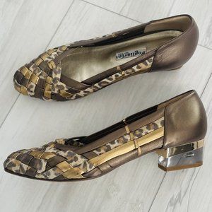 ITALIAN SHOE DESIGNER FOGLIARINI LEATHER & FABRIC SHOES WITH LUCITE HEEL